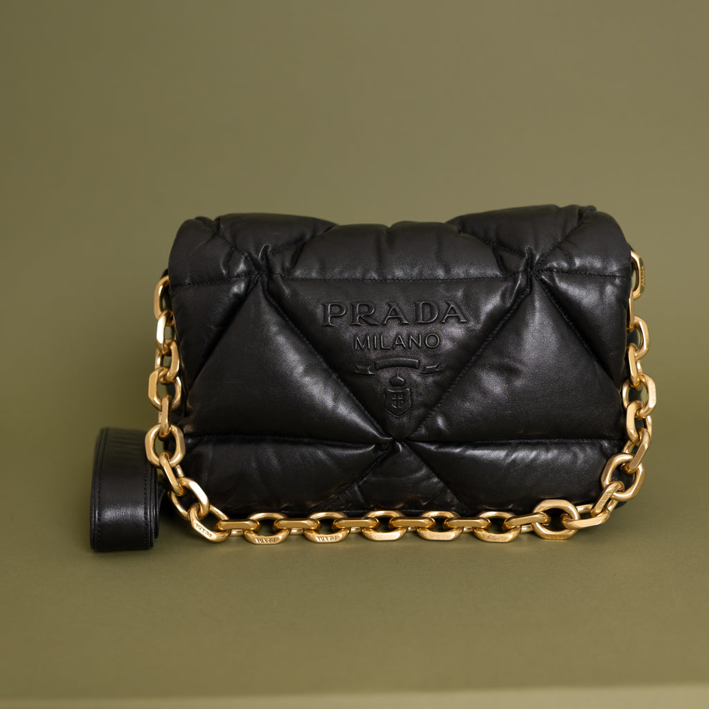 Nappa Soft Padded Logo Embossed Triangle Quilted Bag Black