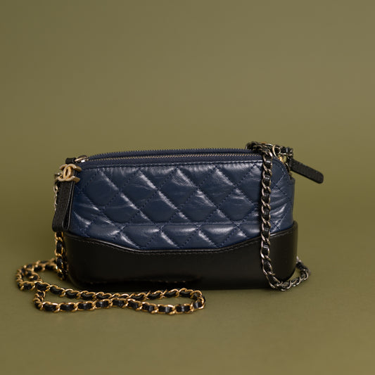 Gabrielle Double Zip Clutch with Chain, Navy Calfskin 10080