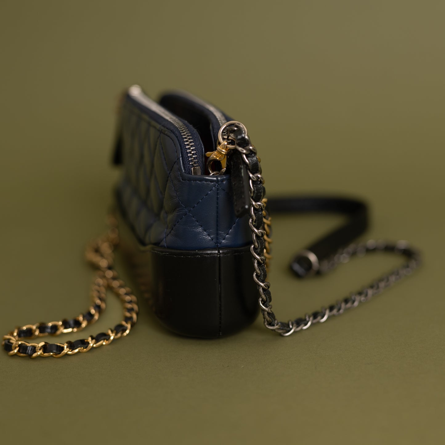 Gabrielle Double Zip Clutch with Chain, Navy Calfskin 10080