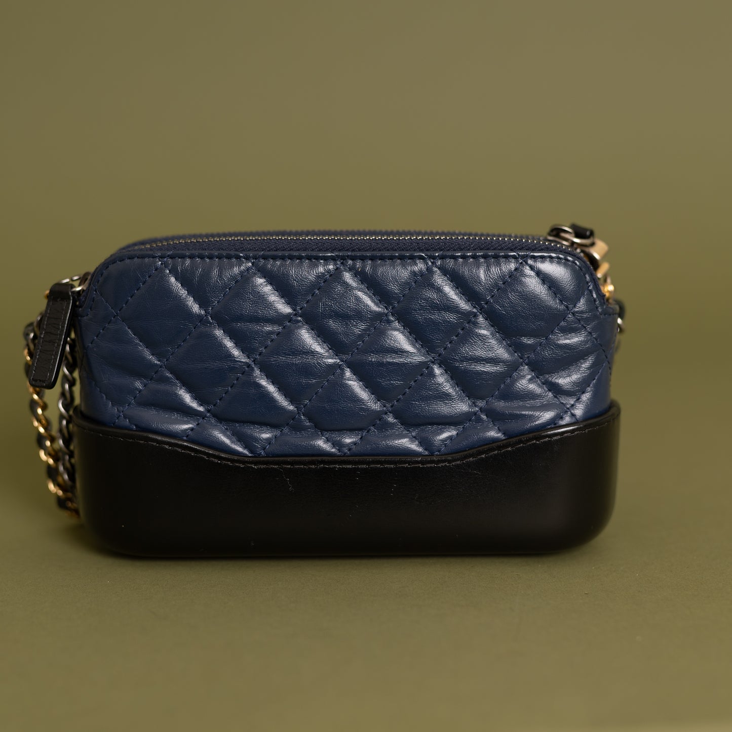 Gabrielle Double Zip Clutch with Chain, Navy Calfskin 10080