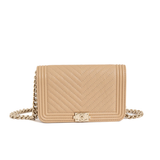 Boy Mini Wallet on Chain, Beige Caviar