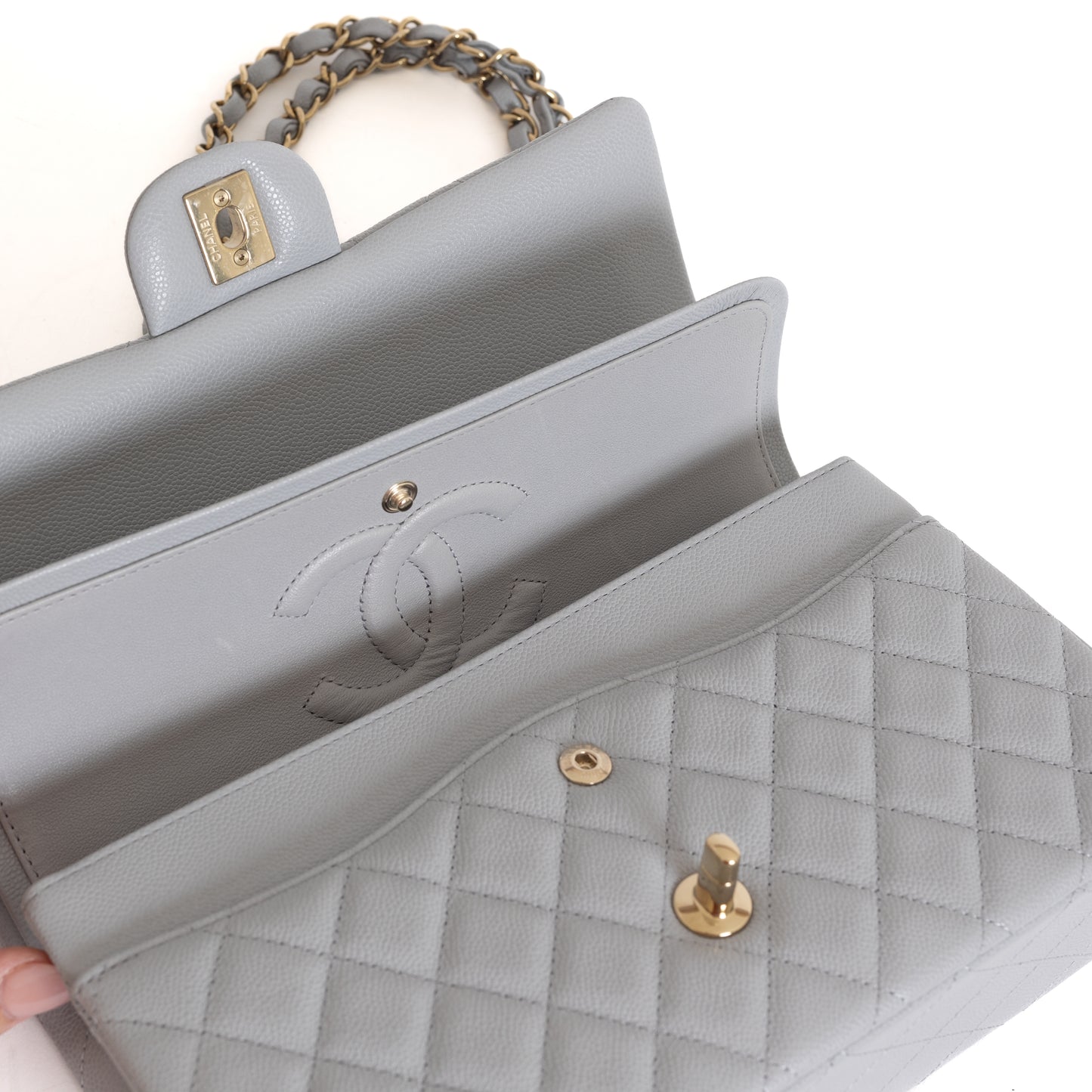 Medium Double Flap, Grey Caviar 7098