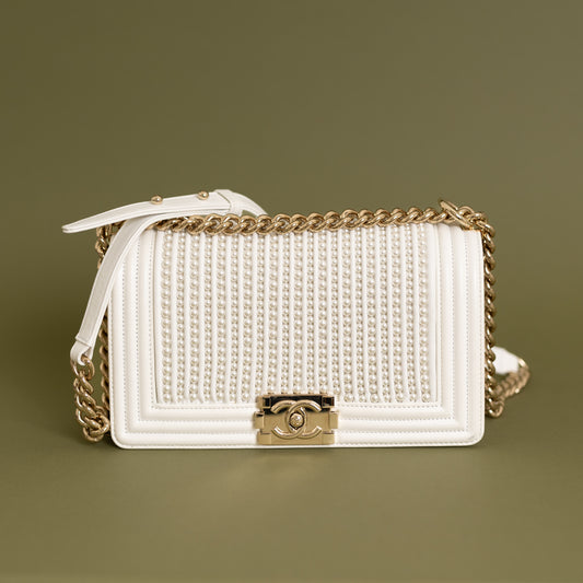 Medium Boy Bag, Cream Pearls 8894