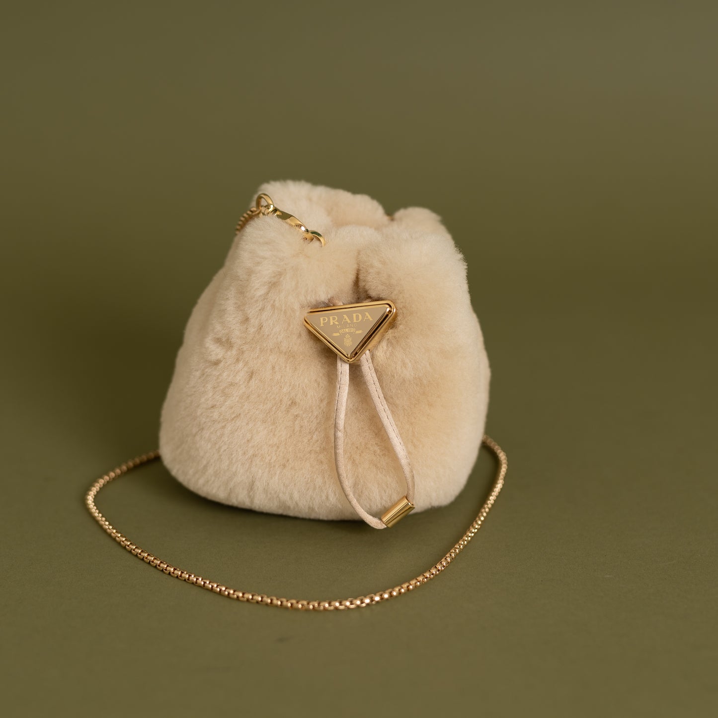 Mini Shearling Drawstring Pouch, Beige GHW 9064