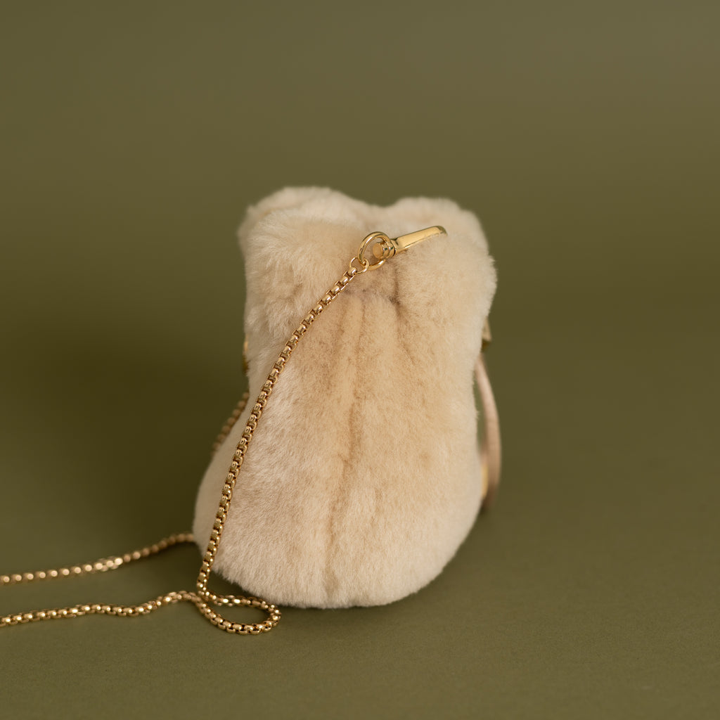 Mini Shearling Drawstring Pouch, Beige GHW 9064